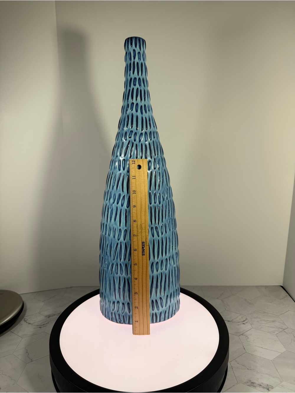 (1) Beautiful tall Coastal Blue Ceramic Bottle, features a striking textured pat